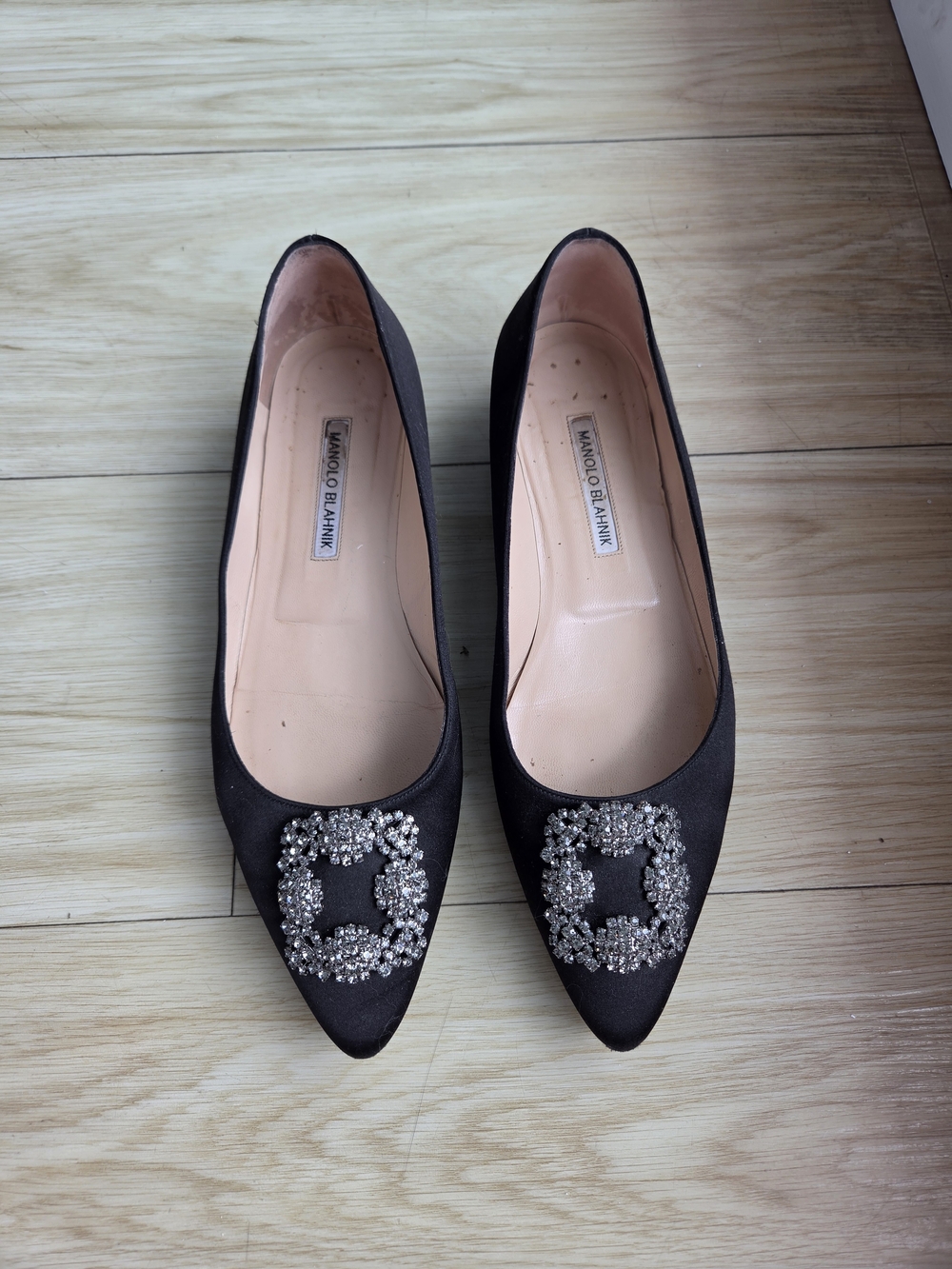 Manolo Blahnik Black Satin Pointed Flats with Crystal Buckle